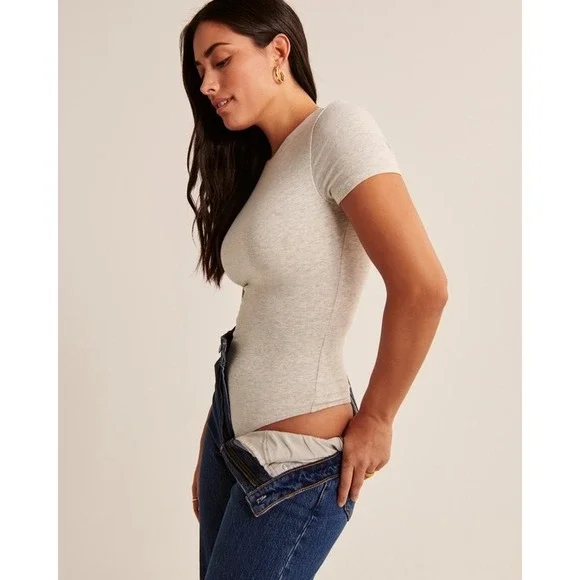 Abercrombie & Fitch Heather Grey Short Sleeve Cotton Blend Crew Neck Bodysuit - Picture 3 of 8